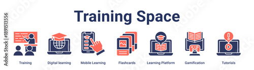Training Space banner web icon vector illustration concept for education with icon of Training, Digital learning, Mobile Learning, Flashcards, Learning Platform, Gamification.
