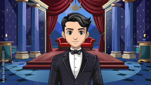 A confident and handsome manager or groom wearing a professional tuxedo and tie stands smiling in the office, looking like a successful one-person boss ready for a business event or wedding