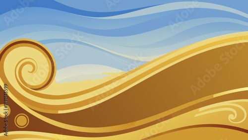 A vibrant summer landscape illustration features abstract golden waves flowing over beach sand under a bright yellow sun and orange sky with textured nature lines