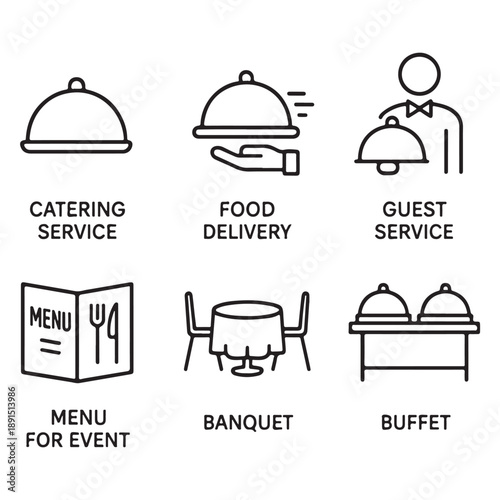Catering icon set vector. Catering service, food, delivery of ready meals, guest service, menu for event, banquet vector