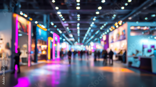 Wallpaper Mural A vibrant trade show with colorful lights and blurred figures, showcasing innovation and creativity in various industries. Torontodigital.ca