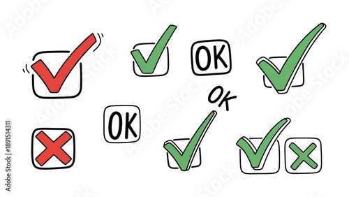 Check Mark Collection: An assortment of check marks and OK symbols, symbolizing affirmation, approval, and correctness. This image is perfect for illustrating choices and confirmation.