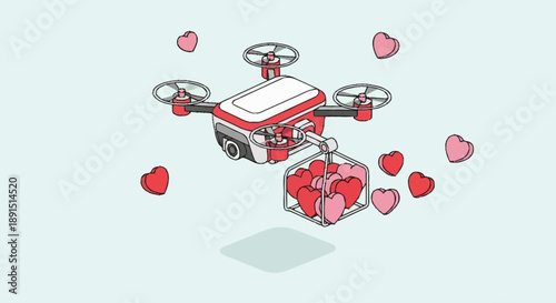 Drone delivering a gift box surrounded by hearts on a light background.