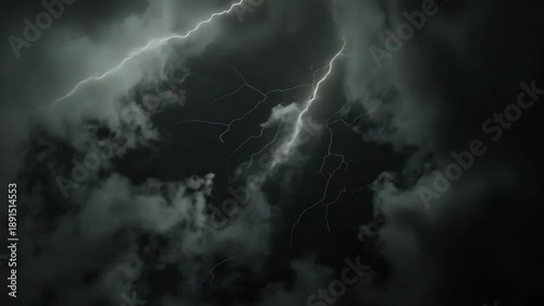 Scary bright electric lightning bolt with branches in night dark sky