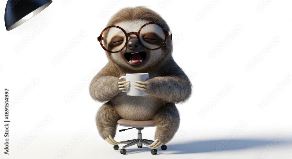 Fototapeta premium Cute 3D sloth character wearing glasses and holding a coffee mug on an office chair
