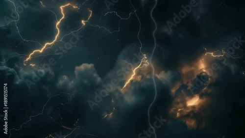 Scary bright electric lightning bolt with branches in night dark sky