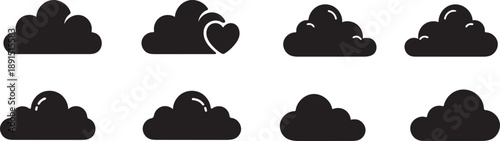 Collection of black cloud icons with a heart shaped cloud included