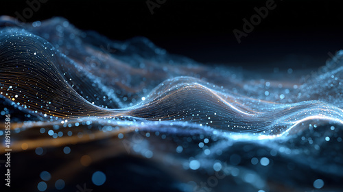 Abstract Digital Wave: An ethereal display of data visualization, featuring flowing lines of shimmering particles, creating a sense of dynamic movement and showcasing the beauty of the digital realm.