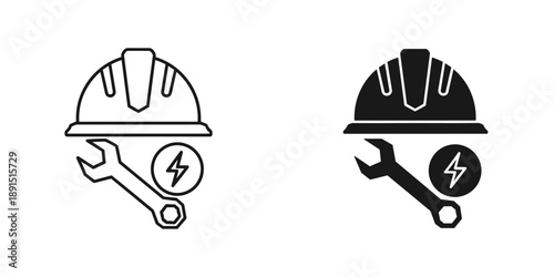 Hard hat and wrench safety equipment set construction tools flat icon vector illustration