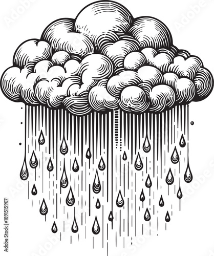 Black texture and nature design featuring a vector illustration of rain clouds with line art patterns and floral shapes
