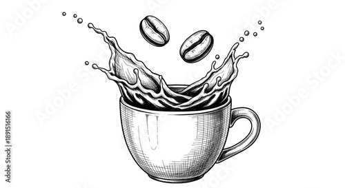 Wallpaper Mural Hand drawn coffee cup splash with beans engraving style Torontodigital.ca