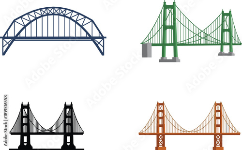 Bridge illustration collection featuring arch and suspension bridge designs isolated on white background vector icons set