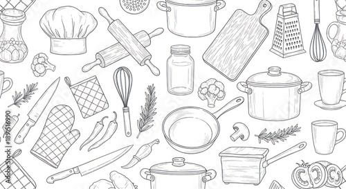 Wallpaper Mural Hand drawn kitchen utensils and food ingredients seamless pattern Torontodigital.ca