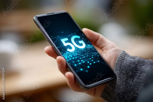 Wallpaper Mural Close-up of a hand holding a modern smartphone with 5g symbol Torontodigital.ca
