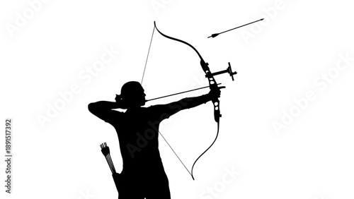 Silhouette of Archer Aiming Bow and Arrow in Sport.