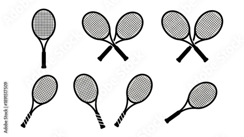 Collection of Tennis Rackets in Various Positions and Styles