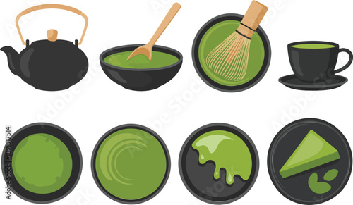 Matcha Tea Preparation Vector Set  Teapot, Bowl, Whisk, and Powder