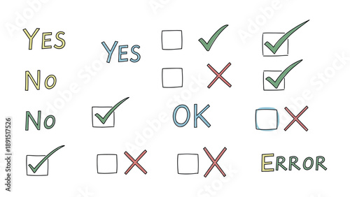 Decision Elements: A graphic illustration showcasing a variety of decision-making scenarios, each highlighted by checks, crosses, and other selection indicators.