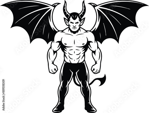 Muscular Demon Warrior Vector Illustration  Wings, Horns, and Dark Fantasy Power