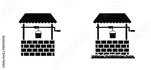 Cartoon water well with roof tile. stone wall, roofing tile and bucket. Water bucket.