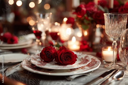 Romantic table setting with red roses and candles for valentines day dinner