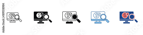 Icon of a computer monitor displaying a dollar sign with a magnifying glass, symbolizing online financial search, investment analysis, and digital money tracking