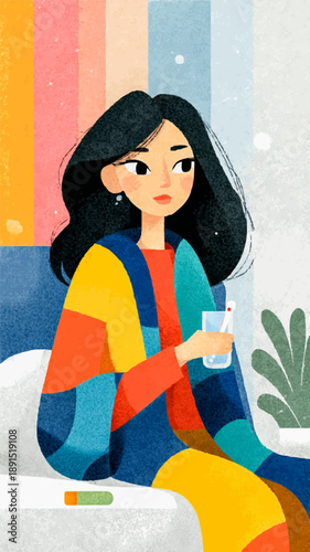 Woman recovering from illness with medicine and water