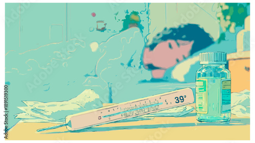 Sick patient staying in bed with fever