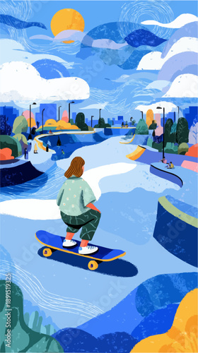 Girl skateboarding in urban skate park scene