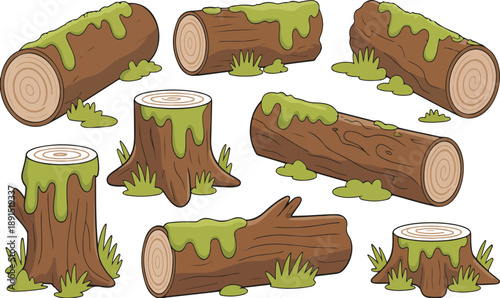 Mossy Fallen Logs and Tree Stumps Vector Set  Forest Nature Elements