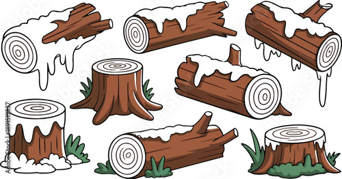 Mossy Fallen Logs and Tree Stumps Vector Set  Forest Nature Elements