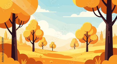 Golden Autumn Landscape Illustration with Yellow Trees and Sunny Meadow