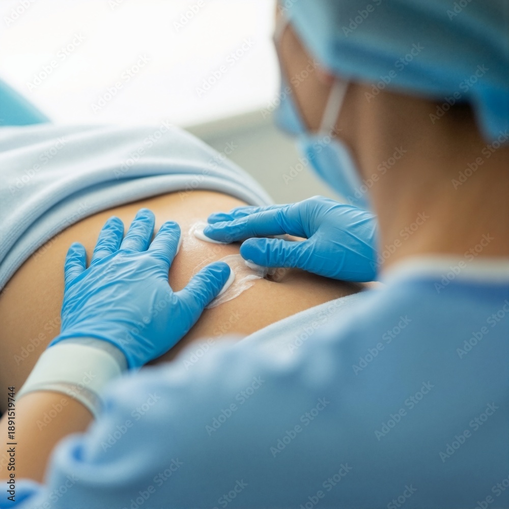 Obraz premium Medical professional applying soothing cream on the back of a patient, wearing blue gloves and scrubs, in a bright clinical environment with soft lighting and a calm atmosphere