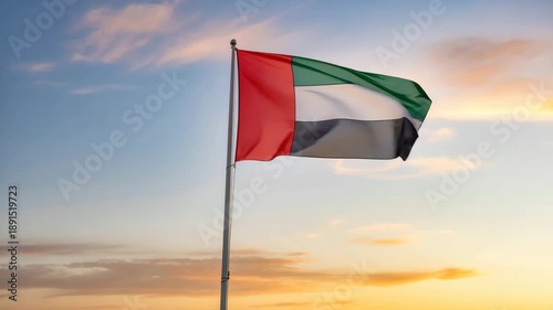 United Arab Emirates flag waving proudly against vibrant sunset sky