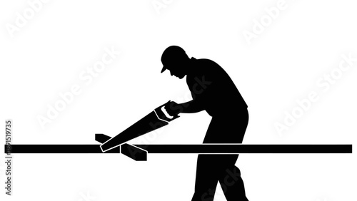 Silhouette of a man sawing a plank of wood.