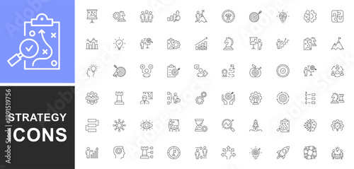 Strategy icons set. Containing as action list, research, solution, team, marketing, startup, advertising, business process, management, and more. Business strategy line editable icon set. Vector