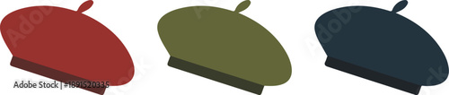 Colored Beret Hats Vector Illustration  Red, Olive Green, and Black