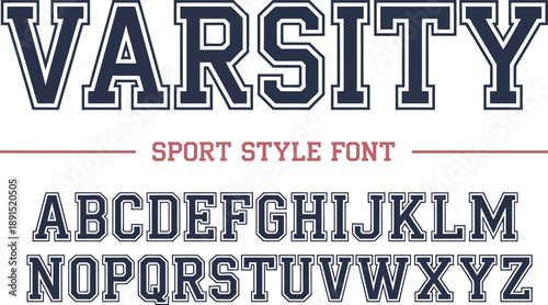 Bold navy blue varsity sport style font with alphabet letters