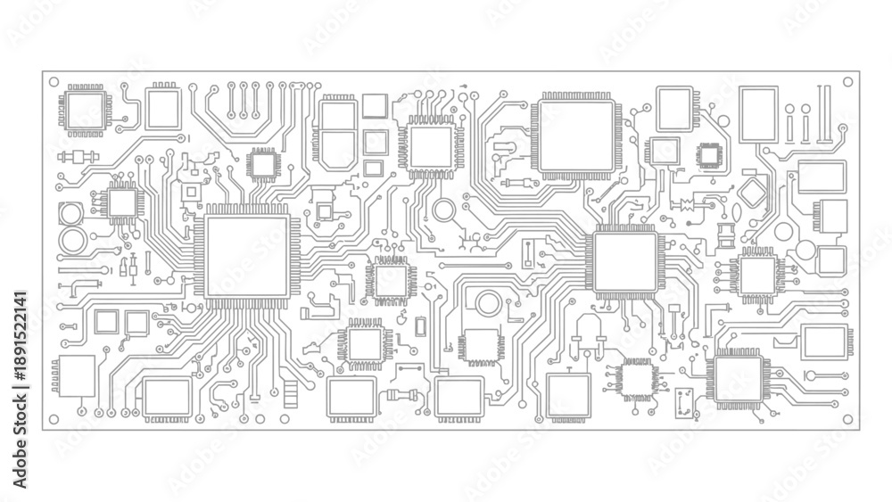 Obraz premium Detailed Electronic Circuit Board with Microchips and Components, Blueprint Style