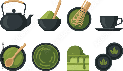 Matcha Tea Preparation Vector Set  Teapot, Bowl, Whisk, and Powder