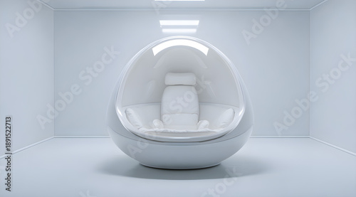 Futuristic white futuristic chair pod in a minimalist white room with bright overhead lighting, concept of science fiction technology and modern design