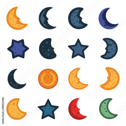 Colorful Moon and Star Shapes Illustration.