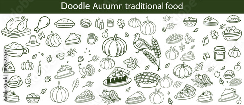 Autumn traditional food icon, thanksgiving day holiday table hand drawn doodle line illustration set. Harvest fall pumpkin, celebration turkey, dessert pie, November eatery design element. Autumn food