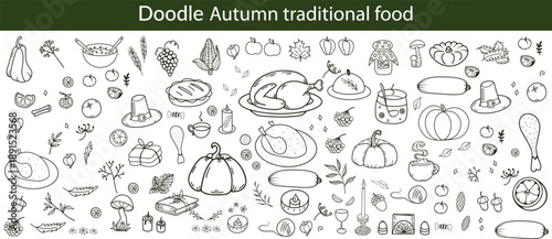 Autumn traditional food icon, thanksgiving day holiday table hand drawn doodle line illustration set. Harvest fall pumpkin, celebration turkey, dessert pie, November eatery design element. Autumn food