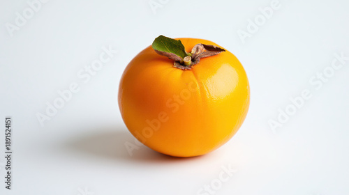 Bright orange persimmon isolated on white background, showcasing its smooth skin and green leaf, evokes freshness and vibrancy