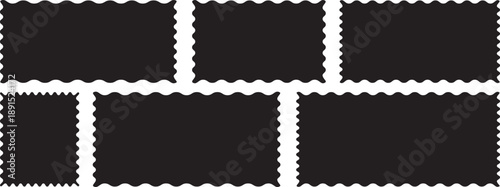 wavy rectangular frames scallop set black. Postage stamp borders. Geometric shapes stickers with zigzag wavy edge. scallop edge shape
