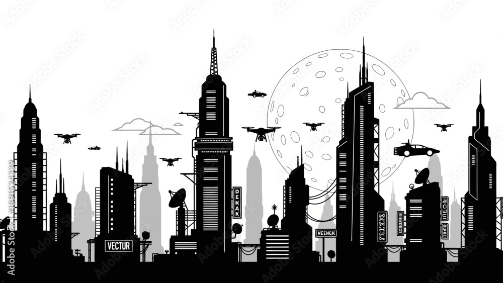 Obraz premium Futuristic Cityscape Silhouette with Drones and Flying Cars at Night