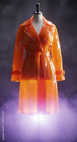 Glowing Future Fashion: Translucent Orange Trench Coat on Mannequin
