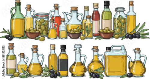 Olive Oil Bottles Vector Illustration Set Featuring Glass Containers, Olives, Extra Virgin Oil and Mediterranean Food Ingredients