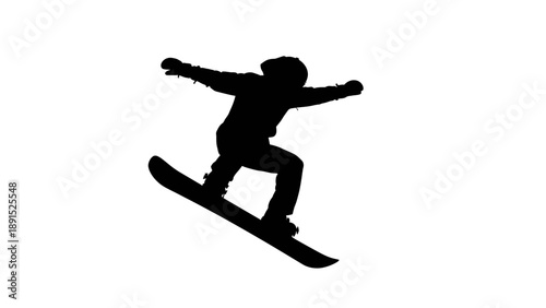 Silhouette of a snowboarder performing a jump against a white background.
